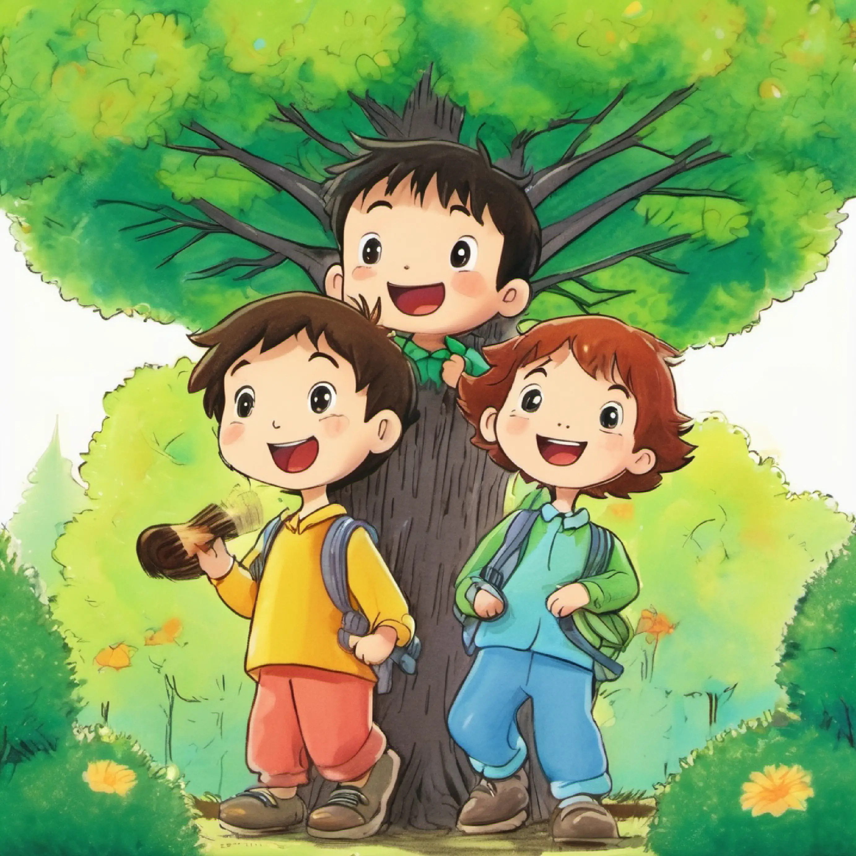 The three friends count five trees and play together happily.