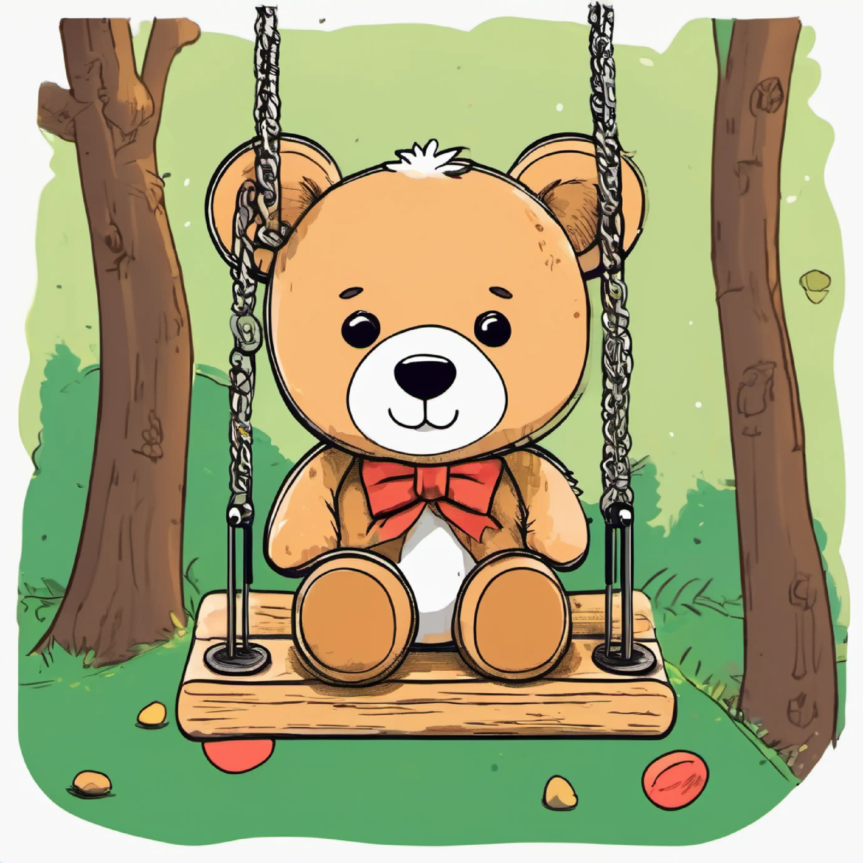 A teddy bear on a swing is missing two stones from its collar.