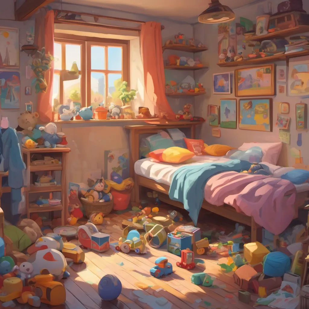 A messy child's room with toys strewn everywhere and clothes piled high.