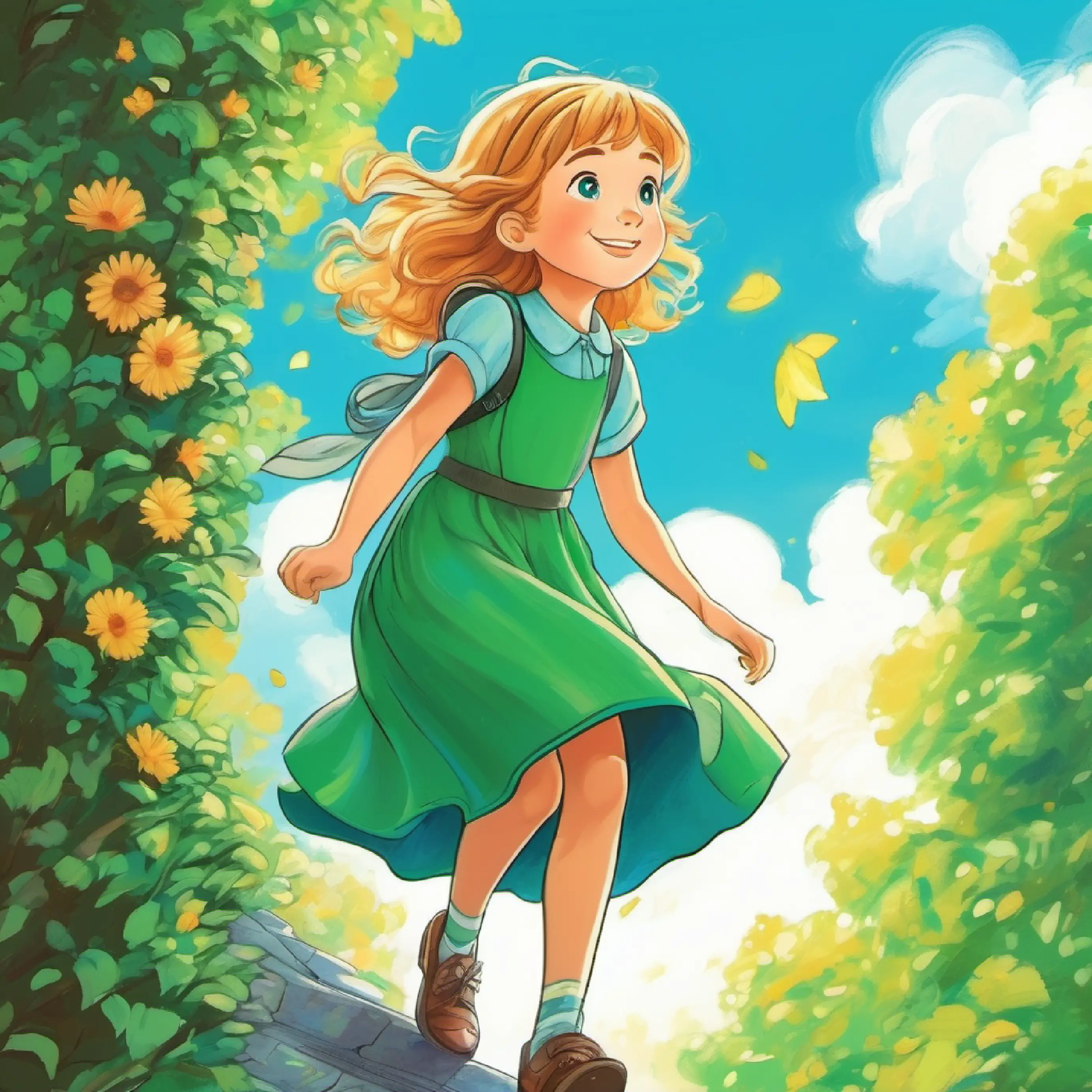 Girl with sunny hair, full of hope, bright blue eyes, wears a green dress climbing down, feeling fulfilled and thankful.