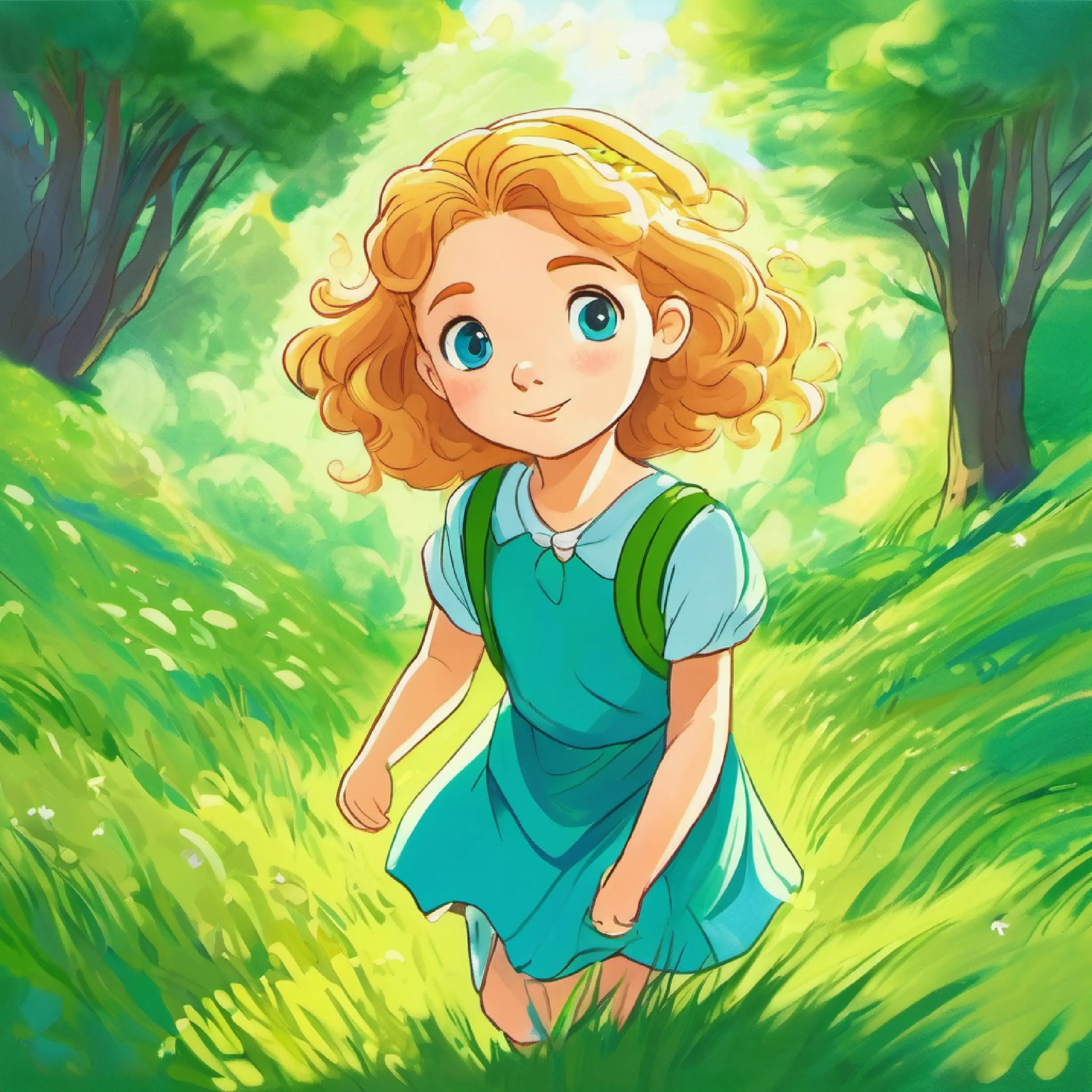 Girl with sunny hair, full of hope, bright blue eyes, wears a green dress stands firm on the ground, ready for new challenges.