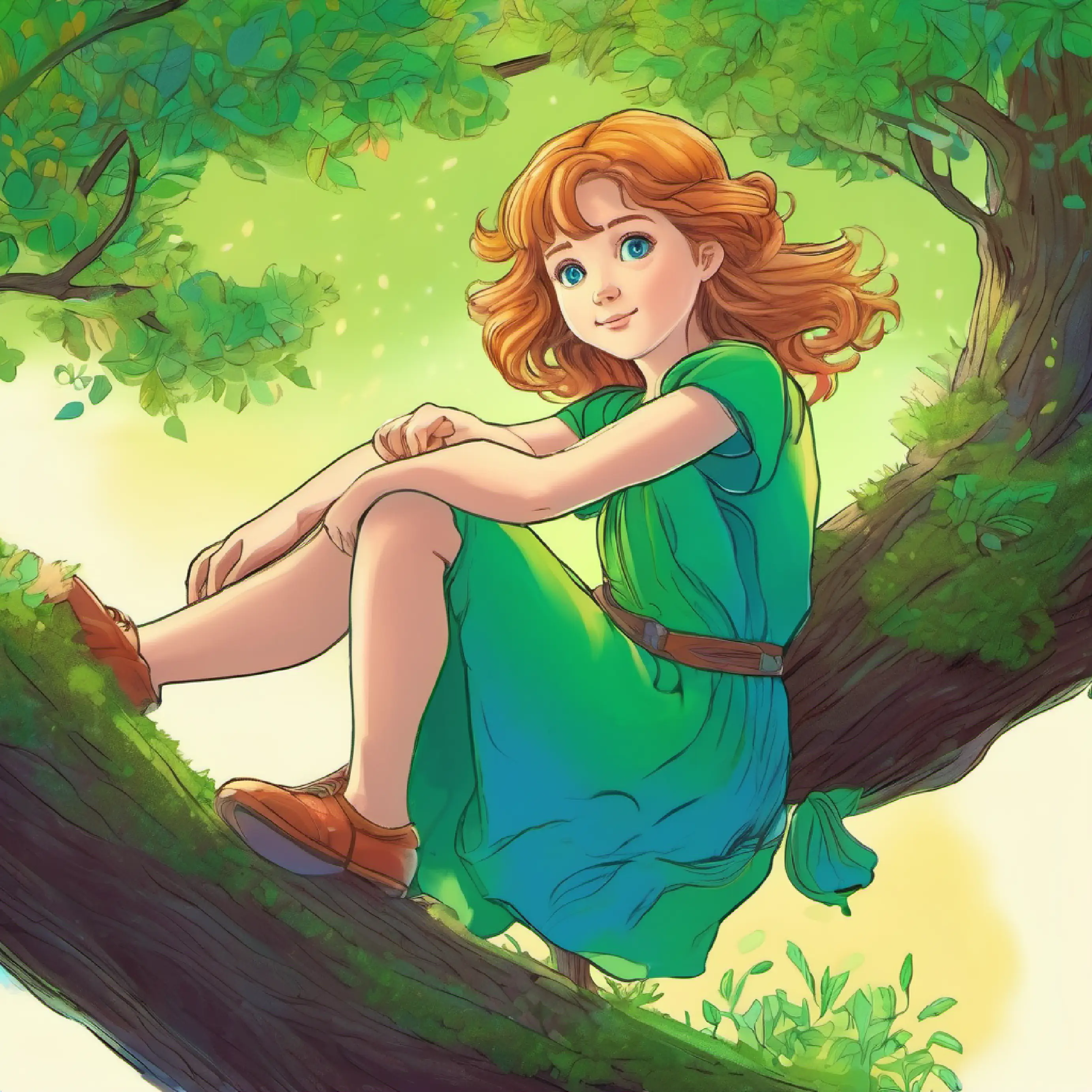 Girl with sunny hair, full of hope, bright blue eyes, wears a green dress sitting on a tree branch, a new perspective of the meadow.