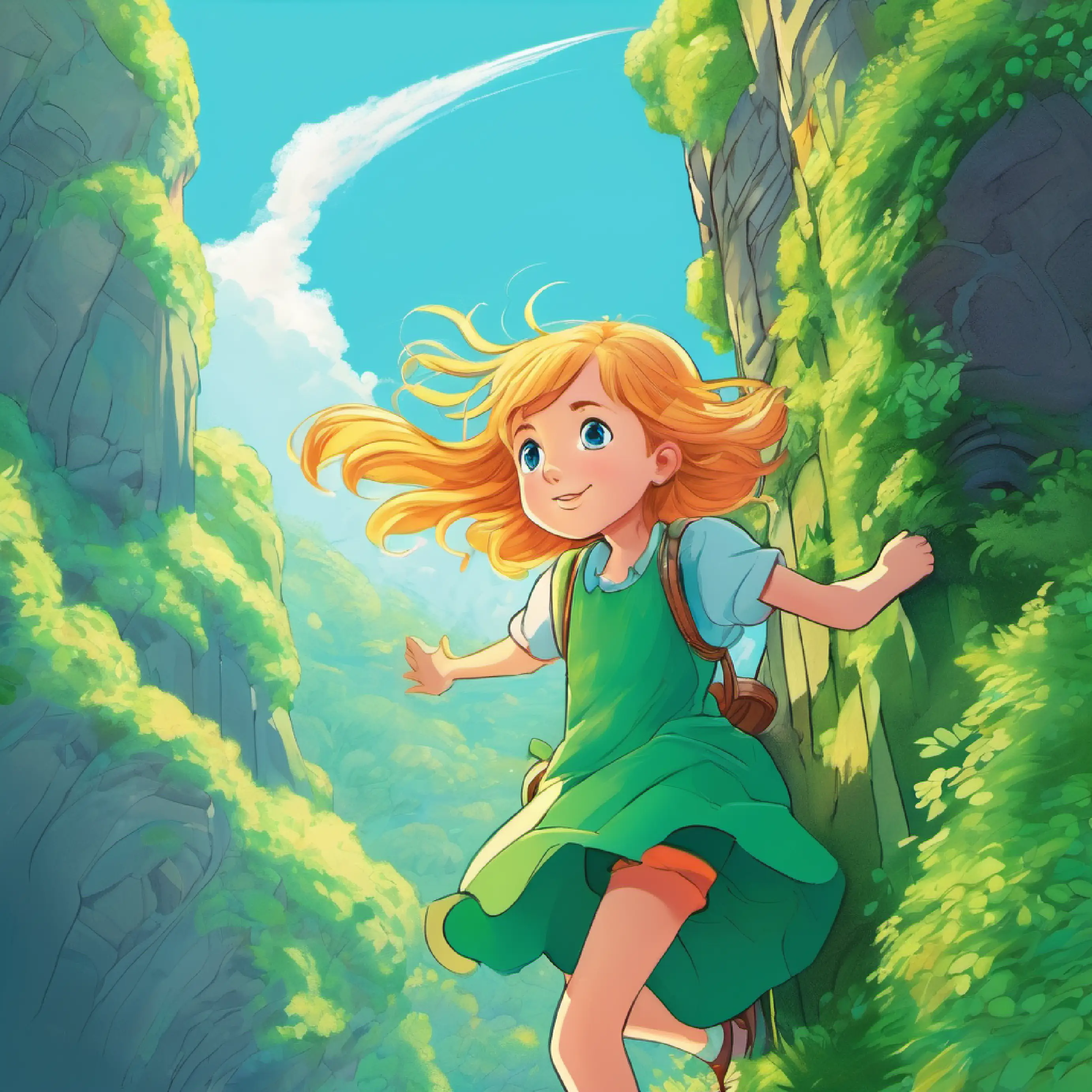 Girl with sunny hair, full of hope, bright blue eyes, wears a green dress climbing higher, feeling supported by an unseen force.