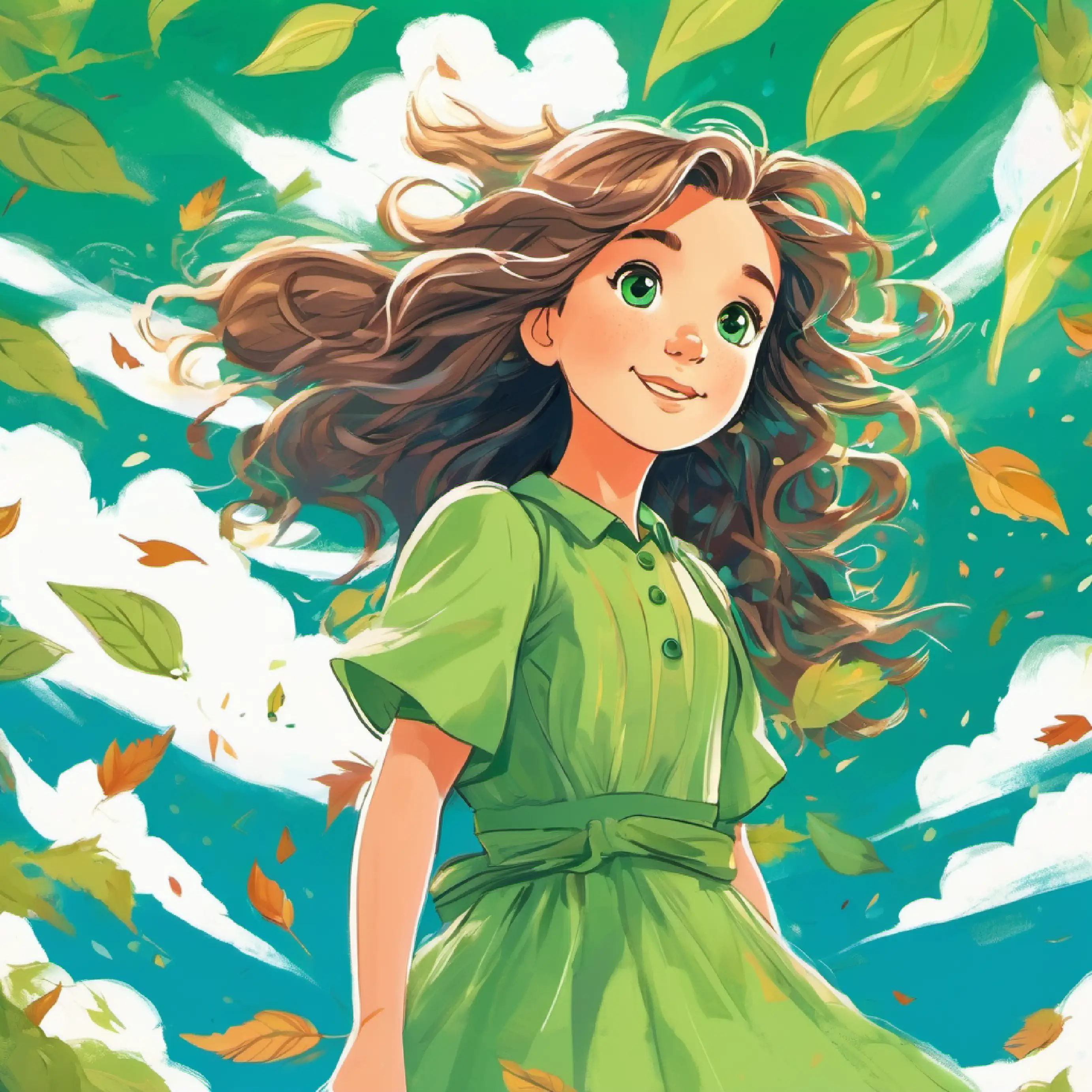 Leaves rustling around Girl with sunny hair, full of hope, bright blue eyes, wears a green dress as she feels encouraged by the wind.