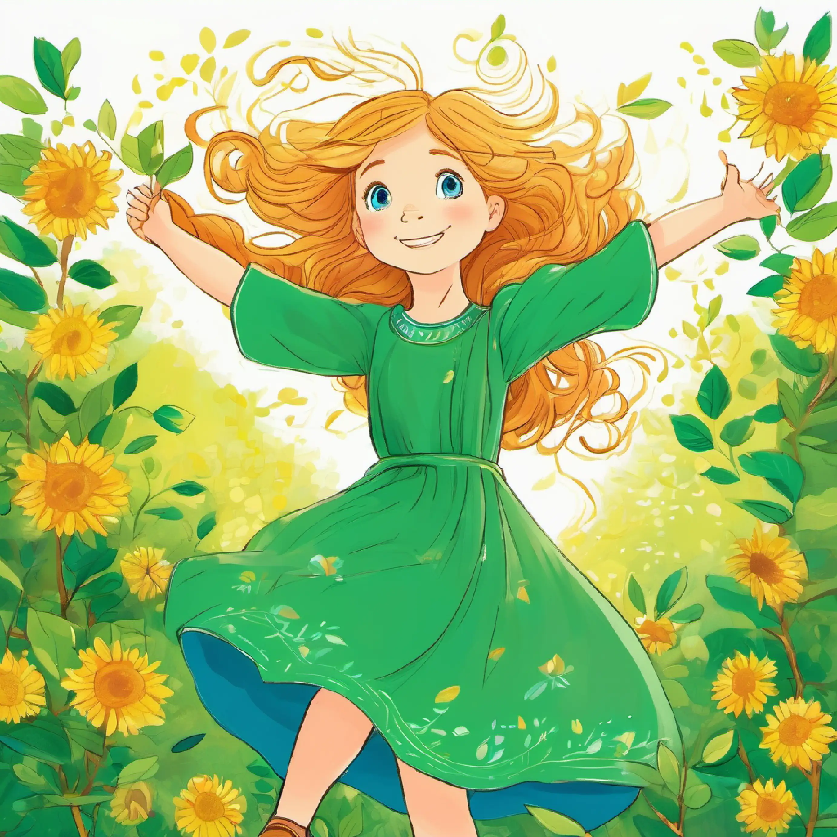 Girl with sunny hair, full of hope, bright blue eyes, wears a green dress gaining confidence with each branch she conquers.