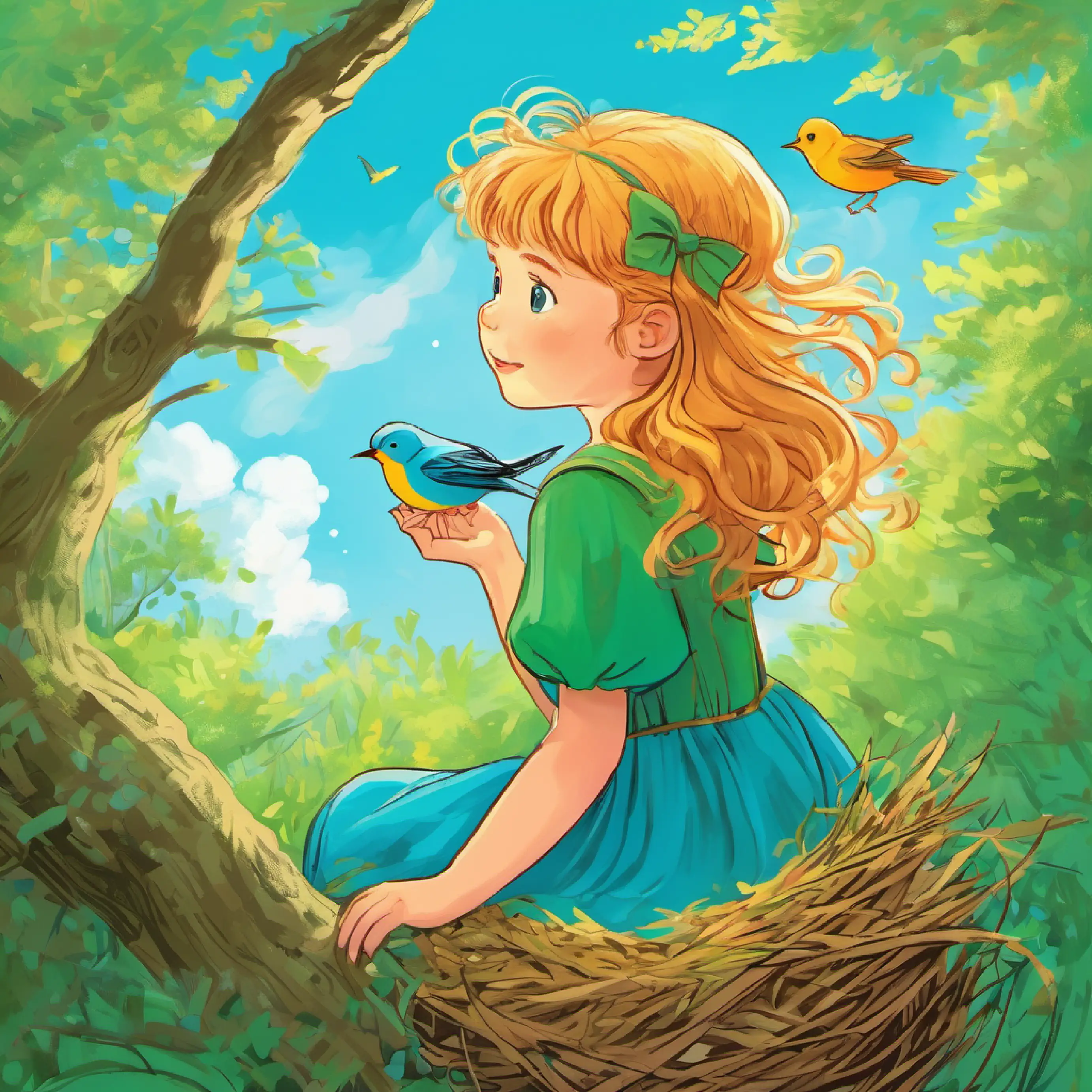 Girl with sunny hair, full of hope, bright blue eyes, wears a green dress at the top, whispering her thanks to a bird's nest.