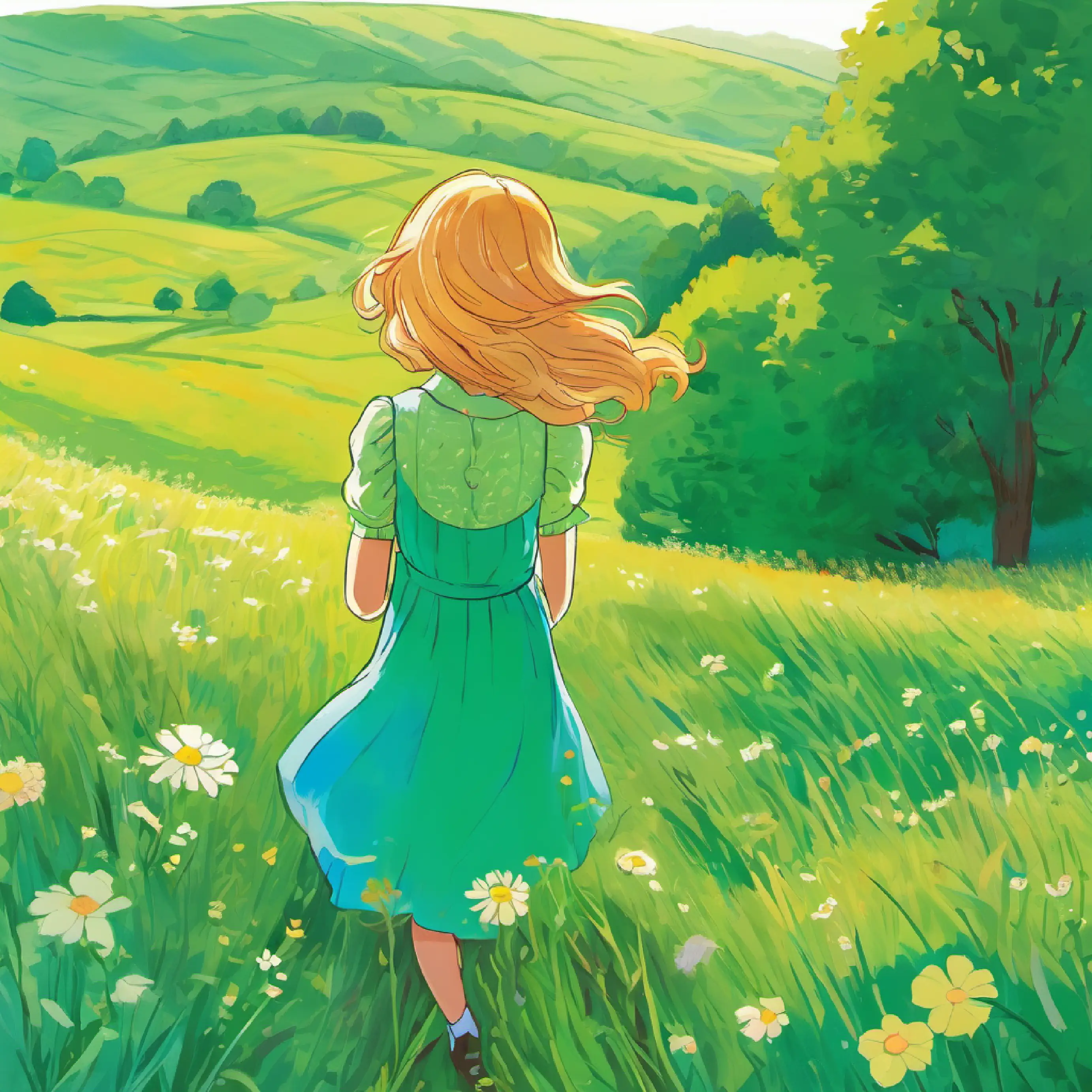 Girl with sunny hair, full of hope, bright blue eyes, wears a green dress looking down at the meadow from the top, feeling hopeful.
