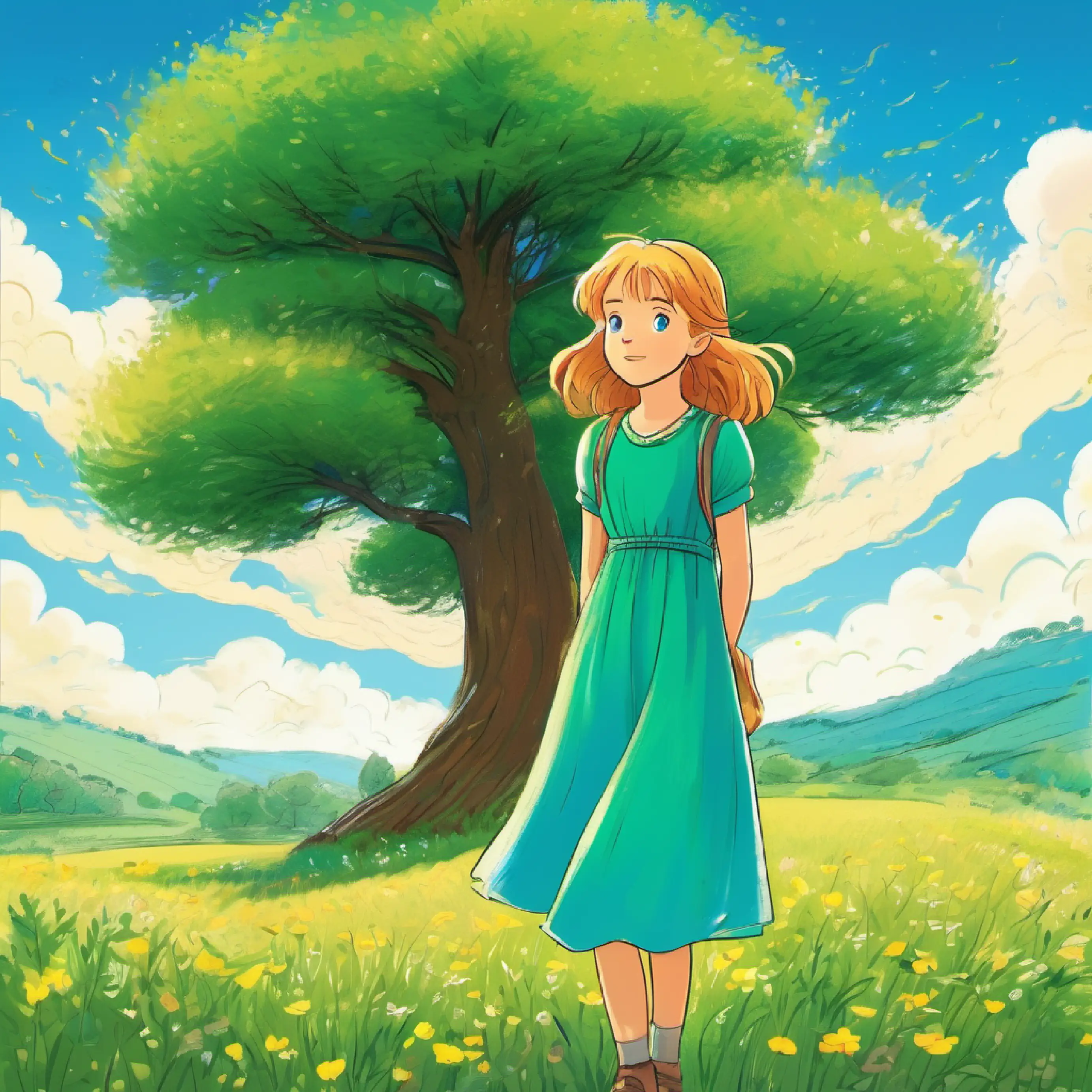 Girl with sunny hair, full of hope, bright blue eyes, wears a green dress in a meadow looking at a tall tree, feeling timid.