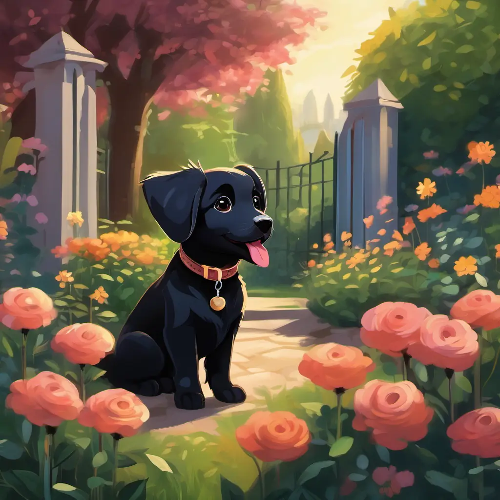 Introductory setting, a garden with a black puppy named Little black puppy with rosy tongue and bright brown eyes.