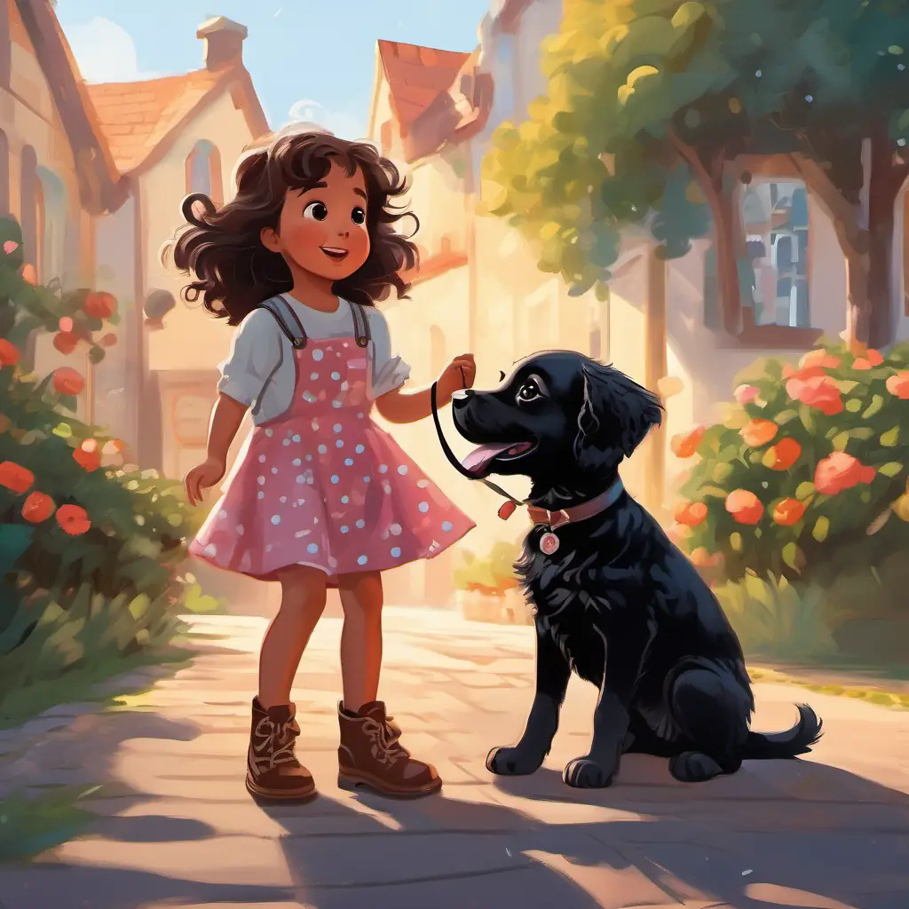 Little black puppy with rosy tongue and bright brown eyes playing with her human friend, Little girl with curly brown hair, kind eyes, polka-dot boots.