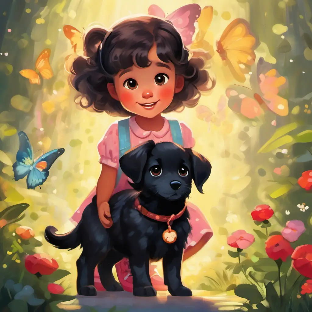 The climax where the butterfly emerges in Little black puppy with rosy tongue and bright brown eyes and Little girl with curly brown hair, kind eyes, polka-dot boots's presence.