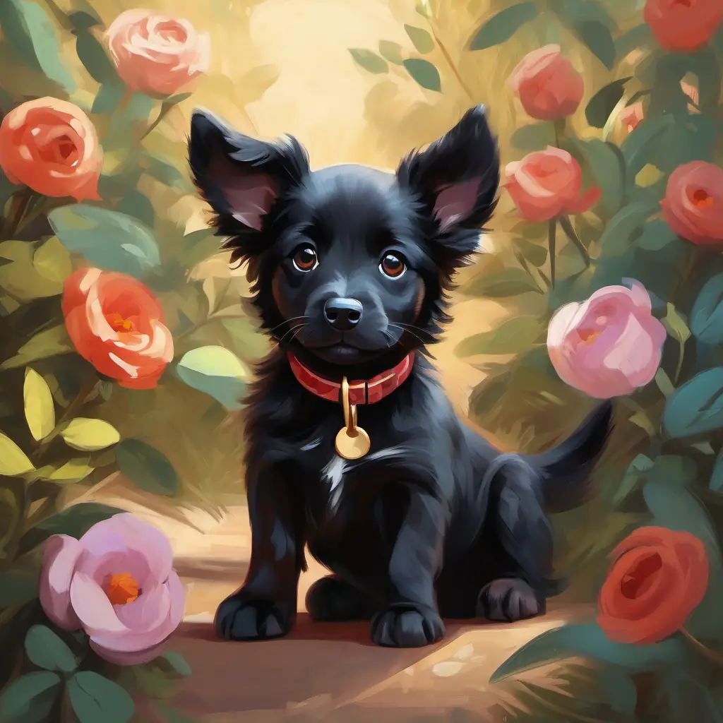 Little black puppy with rosy tongue and bright brown eyes overcoming her fear and playing with her new friends.