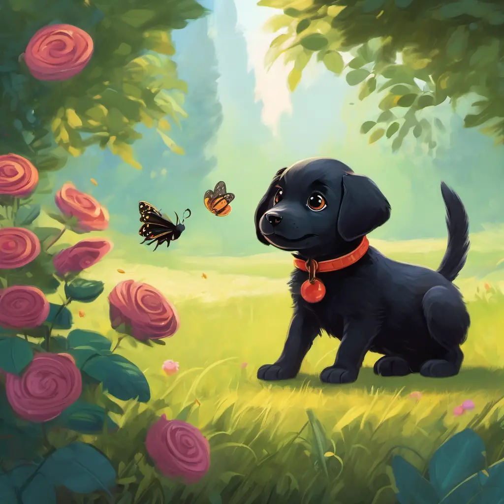 Little black puppy with rosy tongue and bright brown eyes encounters a caterpillar while playing.