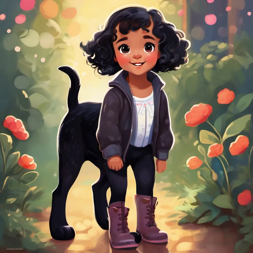 Little black puppy with rosy tongue and bright brown eyes's fear, Little girl with curly brown hair, kind eyes, polka-dot boots's support with background details.