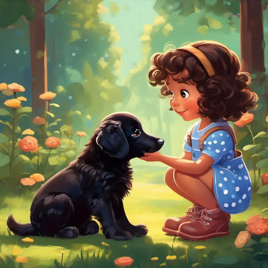 Little girl with curly brown hair, kind eyes, polka-dot boots comforting Little black puppy with rosy tongue and bright brown eyes and showing the caterpillar.