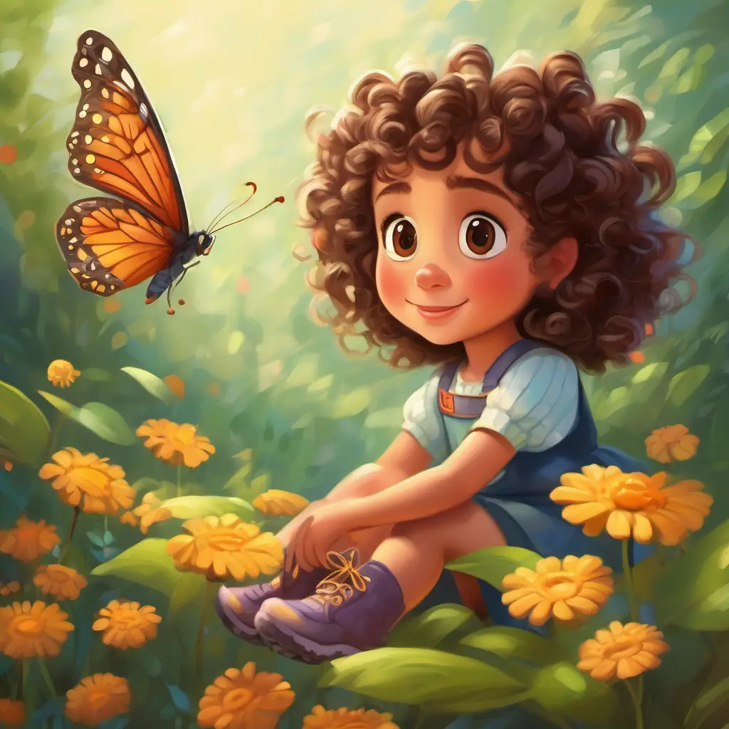 Little girl with curly brown hair, kind eyes, polka-dot boots explaining the transformation from caterpillar to butterfly.