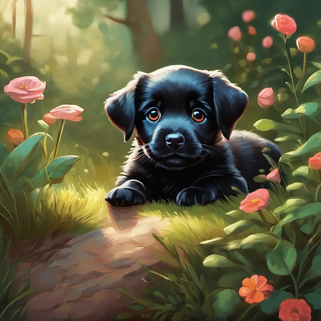 Little black puppy with rosy tongue and bright brown eyes showing curiosity towards the caterpillar.