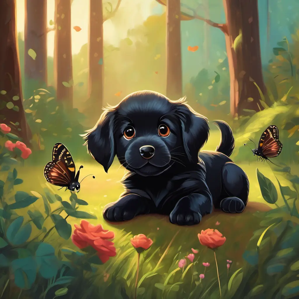 Little black puppy with rosy tongue and bright brown eyes observing the caterpillar over time.