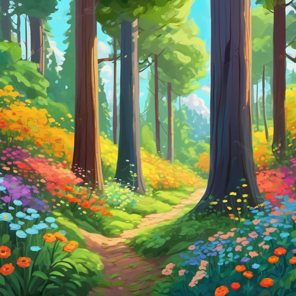 Forest with tall trees and colorful flowers