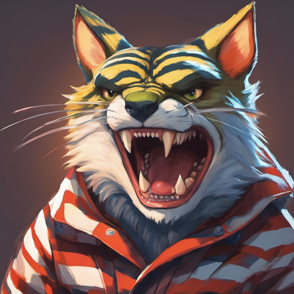 Sharp teeth, angry expression, and a striped coat with sharp teeth and angry expression