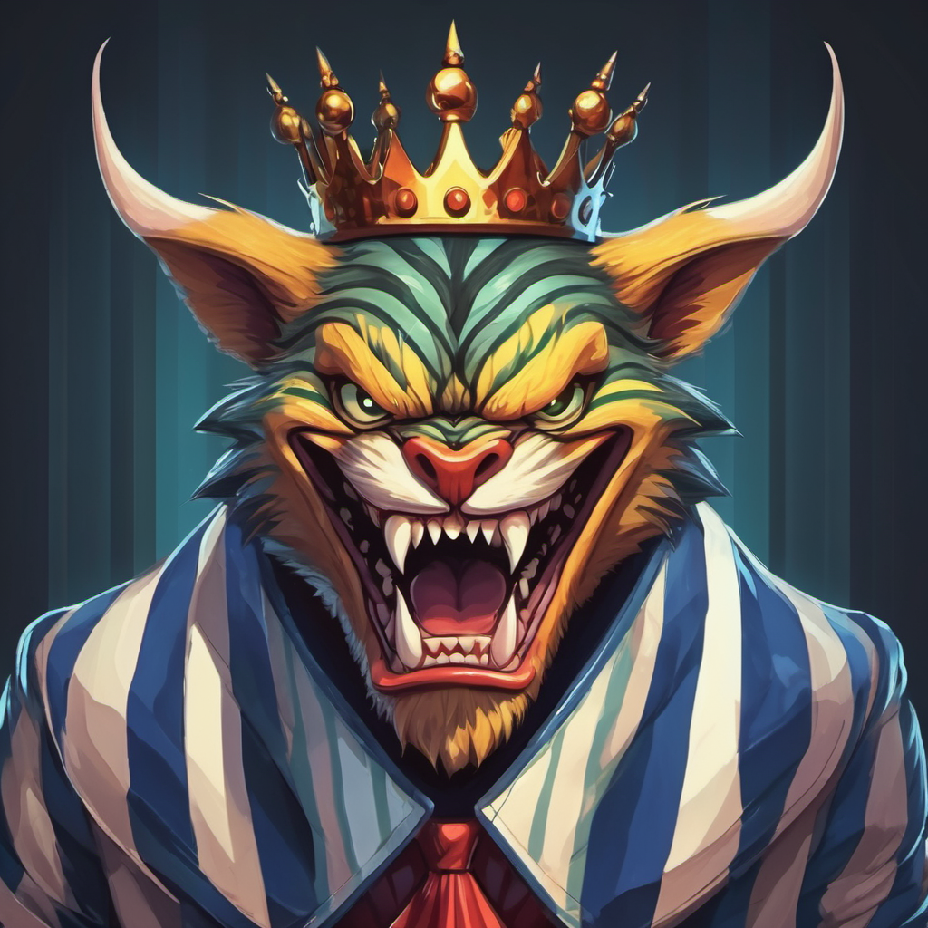 Sharp teeth, angry expression, and a striped coat with a crown and evil grin