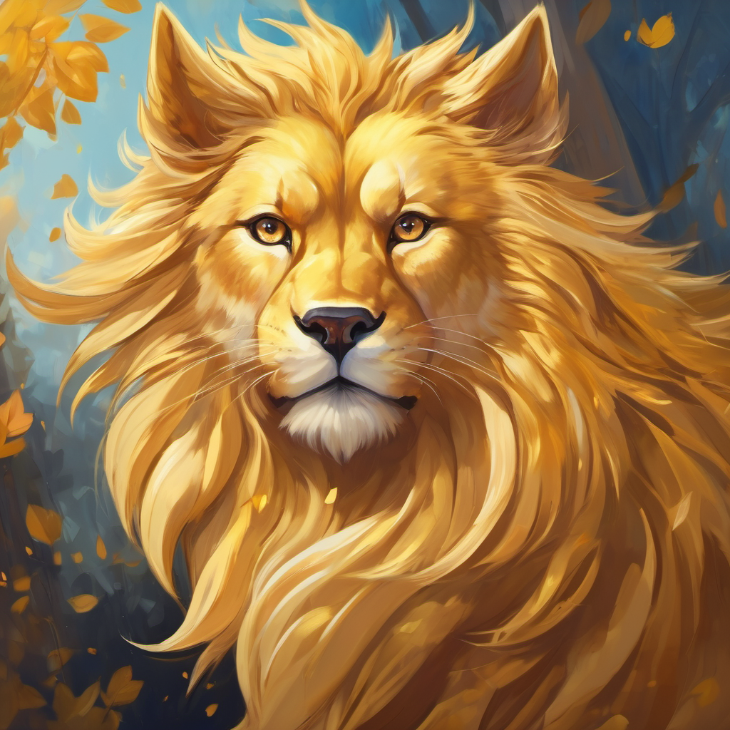 Golden fur, bright eyes, and a proud mane with a courageous look and strong body