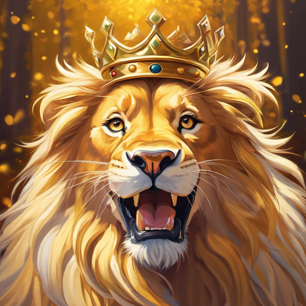 Golden fur, bright eyes, and a proud mane with a majestic crown and proud smile