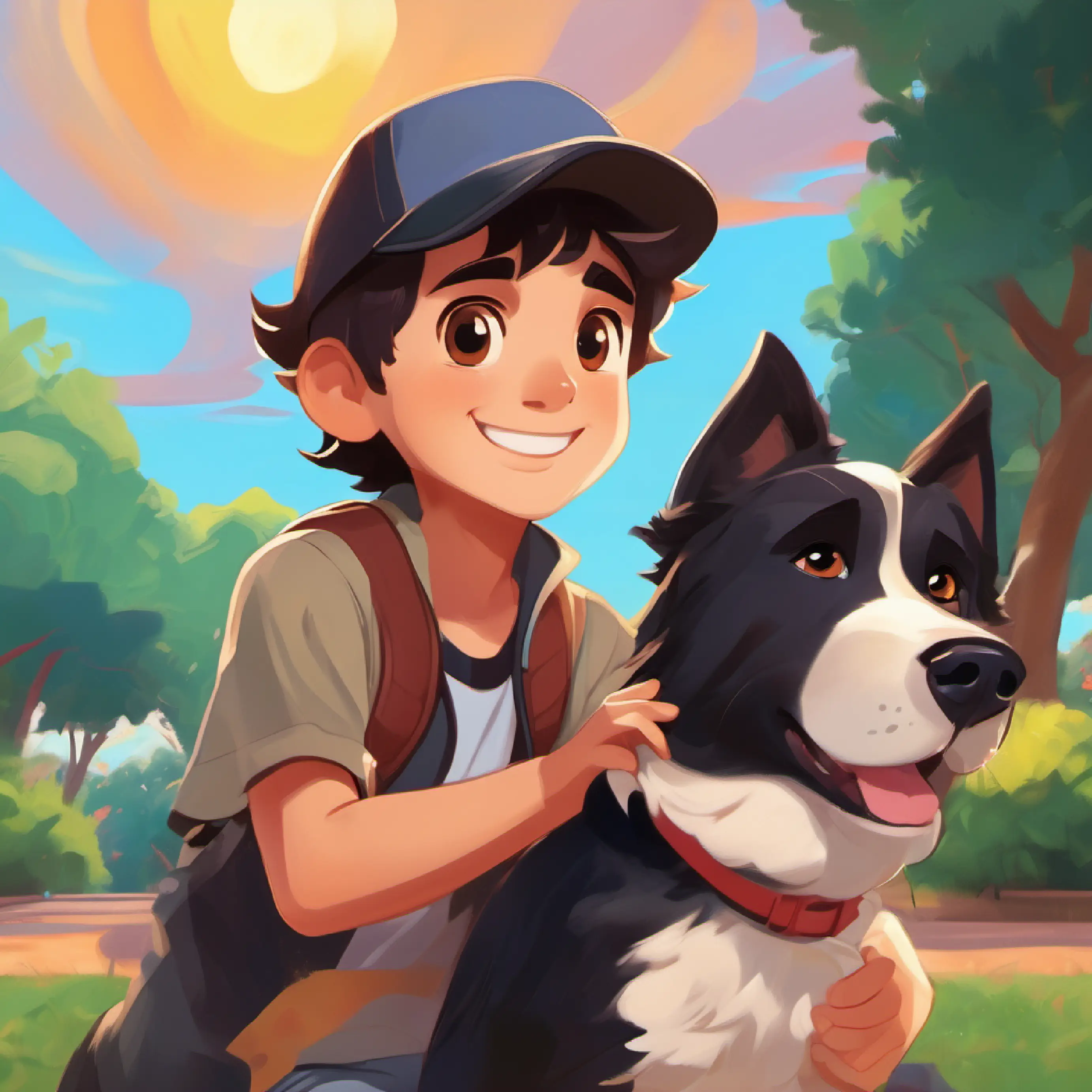 Boy with dark hair, brown eyes, always wearing a baseball cap and Loyal dog with shiny black fur, bright eyes, and a happy tail playing in the park, having fun together, park setting