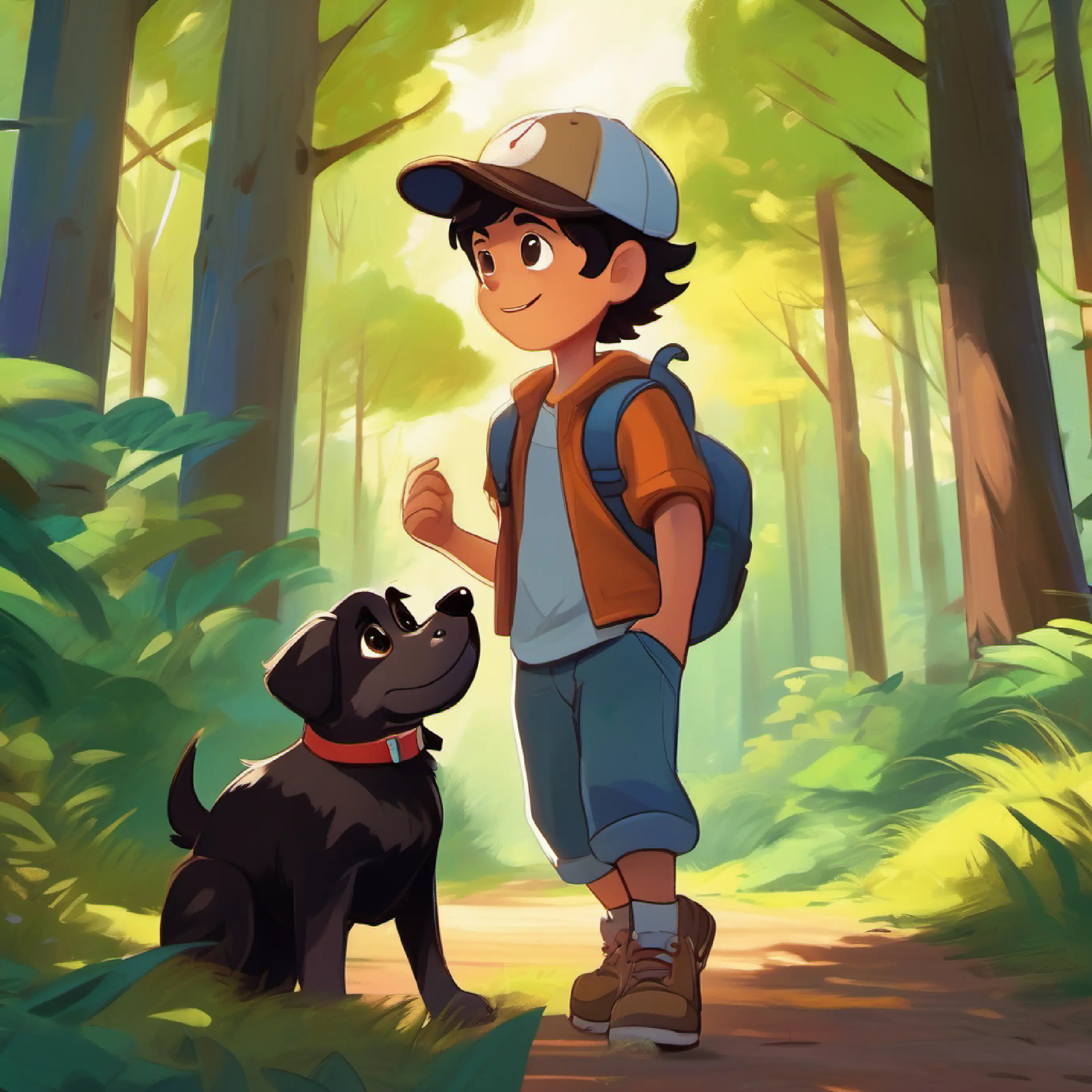 Boy with dark hair, brown eyes, always wearing a baseball cap and Loyal dog with shiny black fur, bright eyes, and a happy tail exploring the woods, playful adventure, sunny day