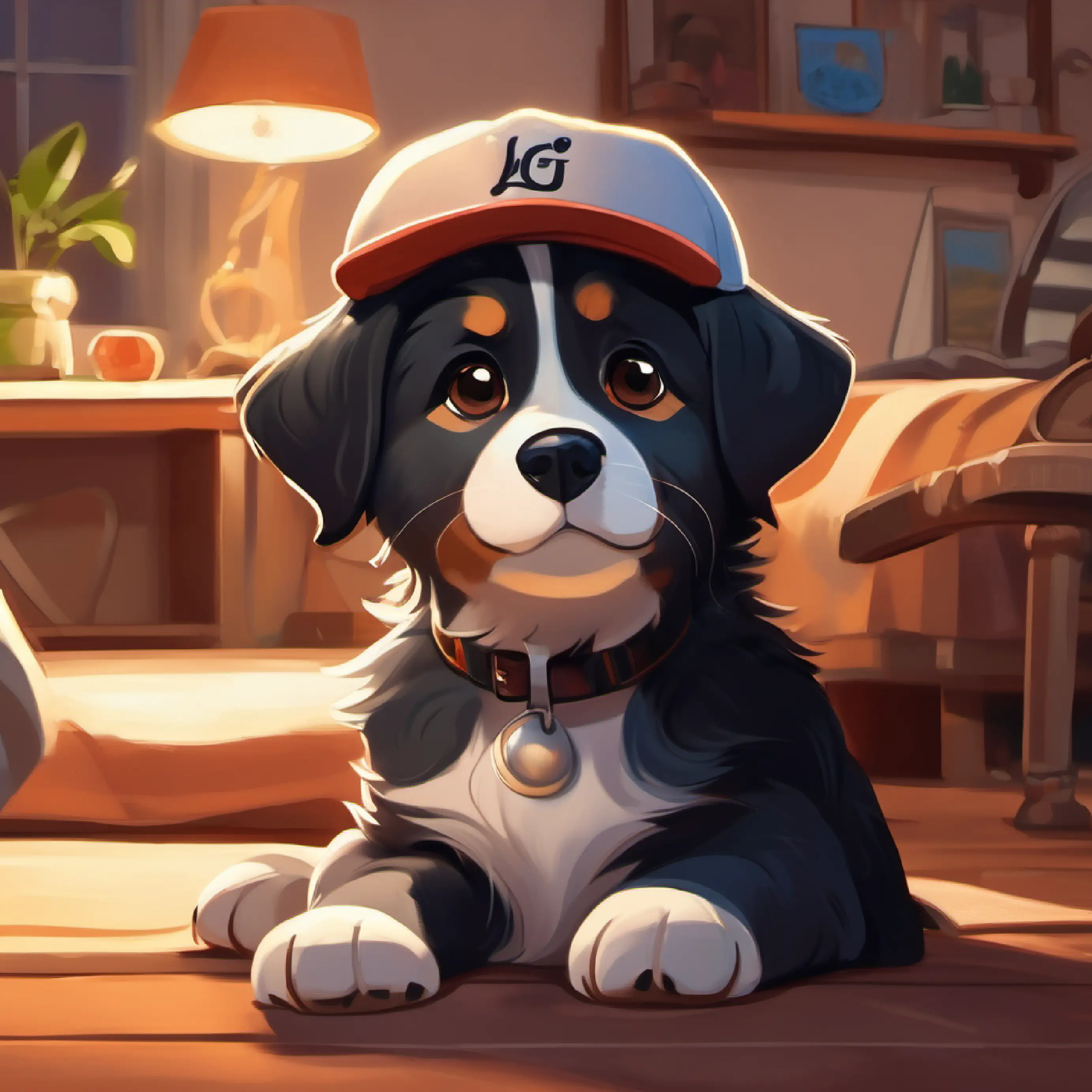 Loyal dog with shiny black fur, bright eyes, and a happy tail feeling tired, Boy with dark hair, brown eyes, always wearing a baseball cap taking care of her, cozy home setting