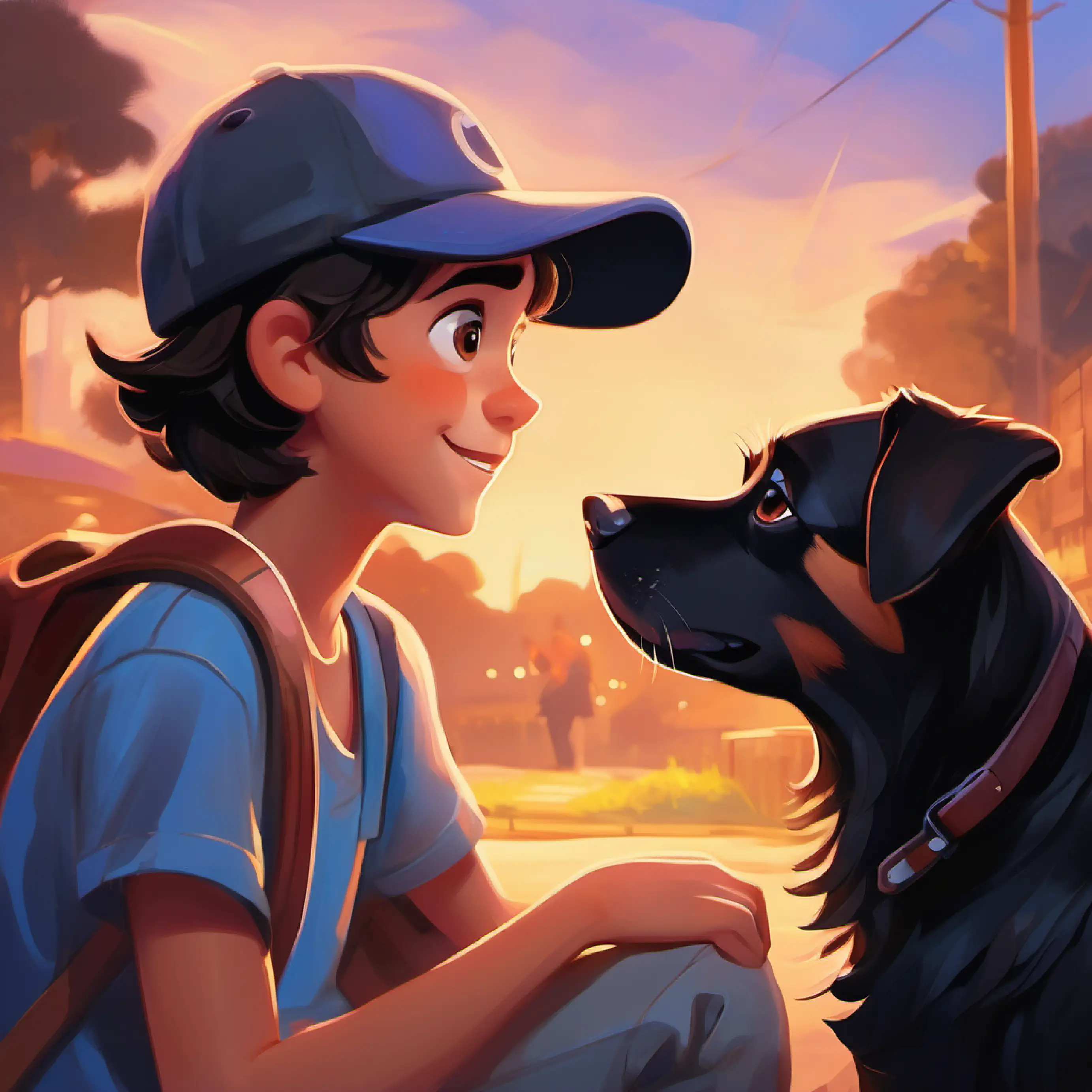 Boy with dark hair, brown eyes, always wearing a baseball cap comforting Loyal dog with shiny black fur, bright eyes, and a happy tail, staying by her side, loving interaction