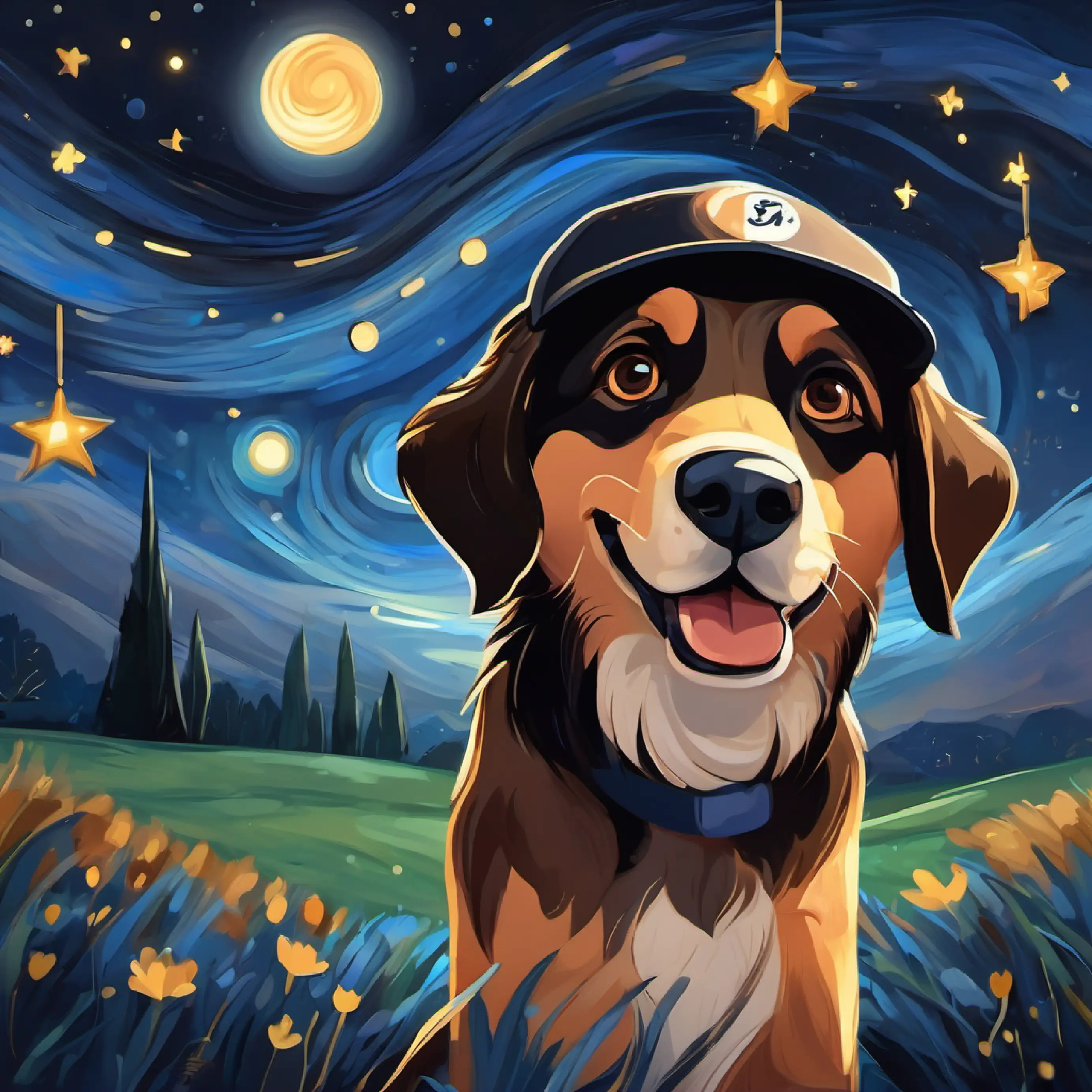 Loyal dog with shiny black fur, bright eyes, and a happy tail passing away, Boy with dark hair, brown eyes, always wearing a baseball cap saying goodbye, starry night