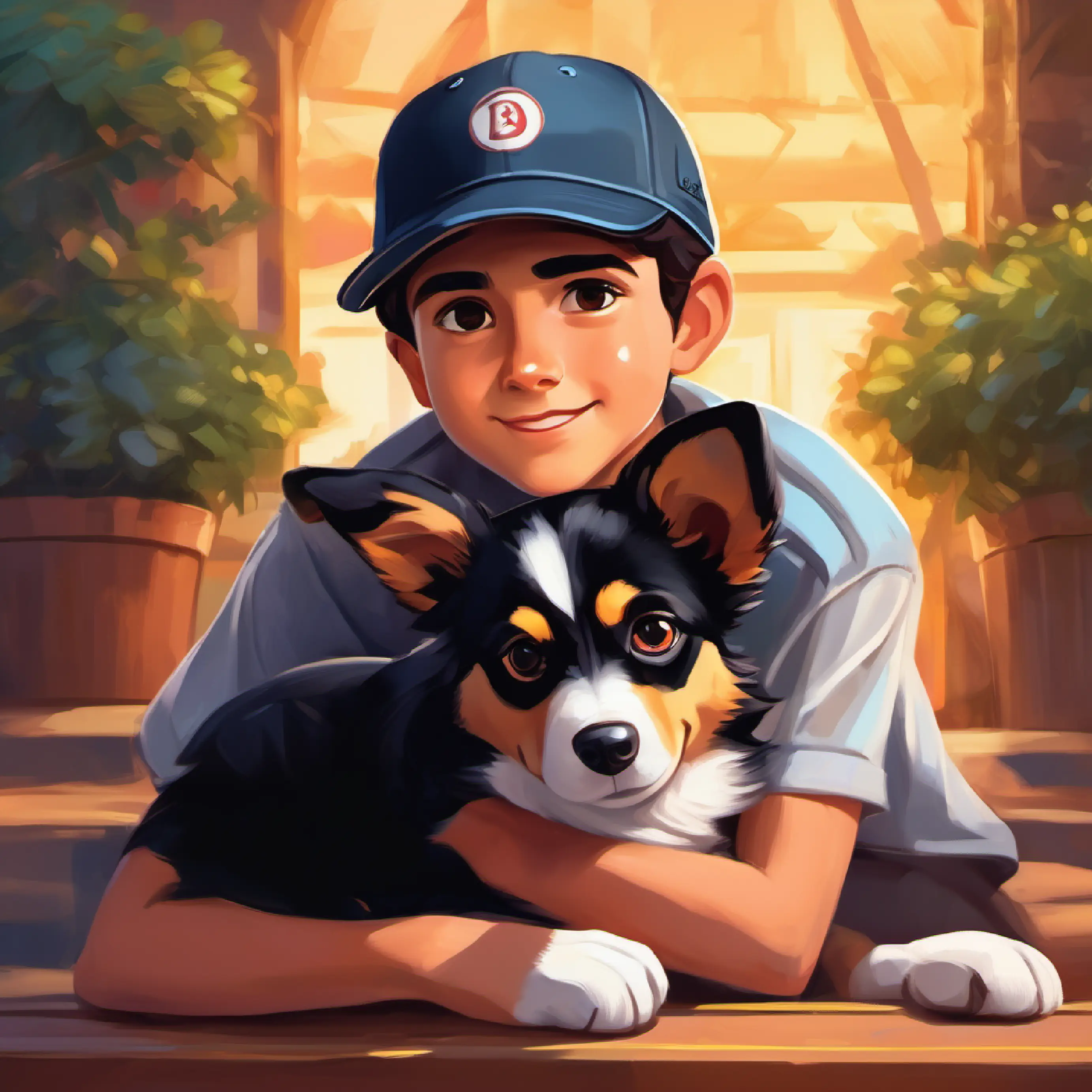 Boy with dark hair, brown eyes, always wearing a baseball cap remembering Loyal dog with shiny black fur, bright eyes, and a happy tail, cherishing memories, feeling grateful