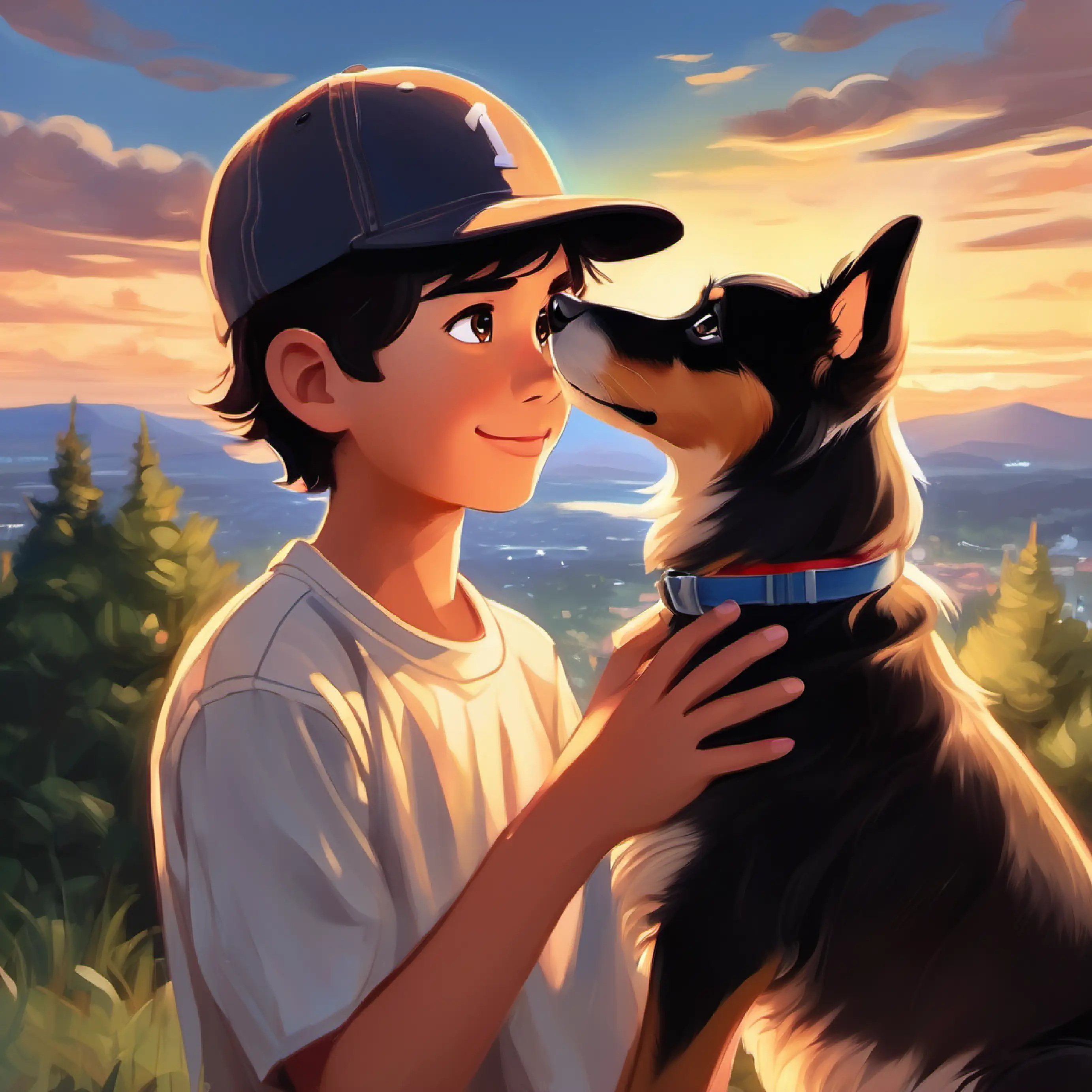 Boy with dark hair, brown eyes, always wearing a baseball cap remembering Loyal dog with shiny black fur, bright eyes, and a happy tail, comforting himself, looking up at the sky