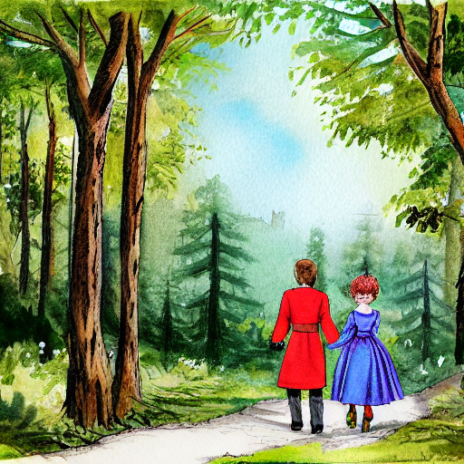 The castle stands tall against the woods, and the prince and princess are shown walking hand-in-hand through the trees, smiling at each other.