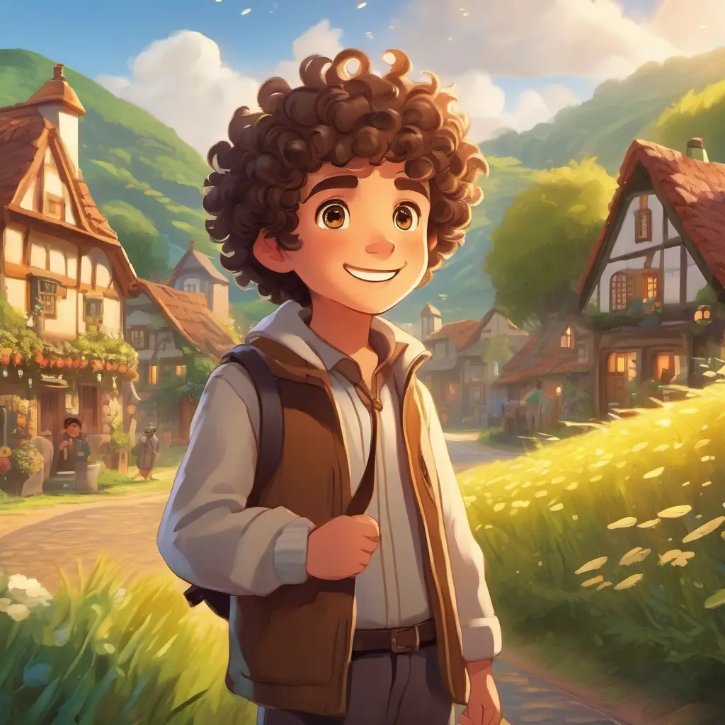 Introducing Curly-haired boy with sparkling brown eyes and the cheerful village, setting the scene
