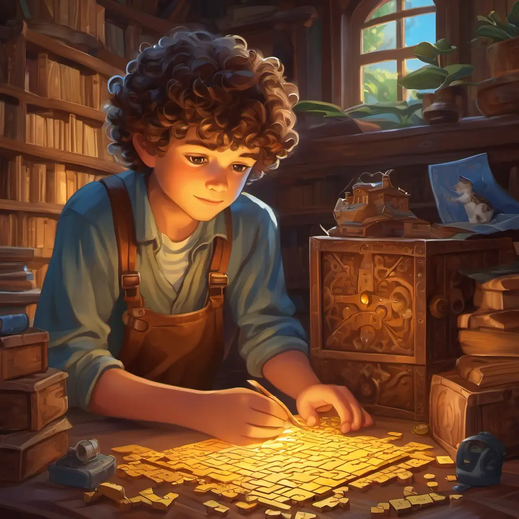 Curly-haired boy with sparkling brown eyes discovers the puzzle box and his eagerness to solve it, beginning of the adventure