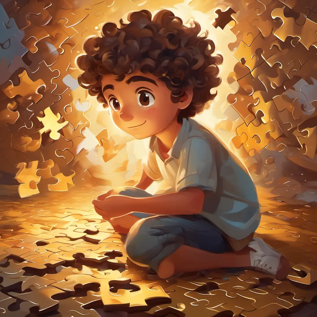 Curly-haired boy with sparkling brown eyes's struggle with the puzzle, highlighting the challenge and frustration