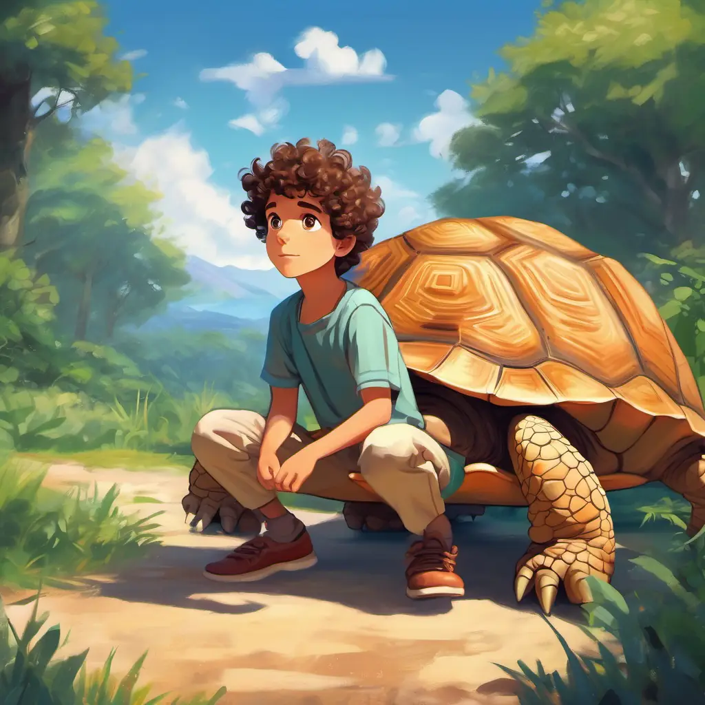 Curly-haired boy with sparkling brown eyes's realization and the analogy of being patient like a tortoise