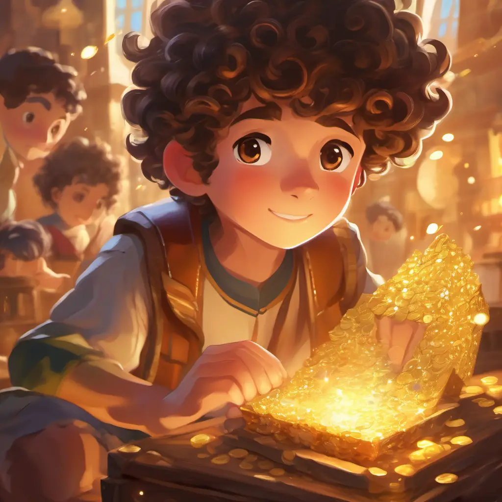 The climax of Curly-haired boy with sparkling brown eyes's patience paying off, leading to the discovery of a treasure