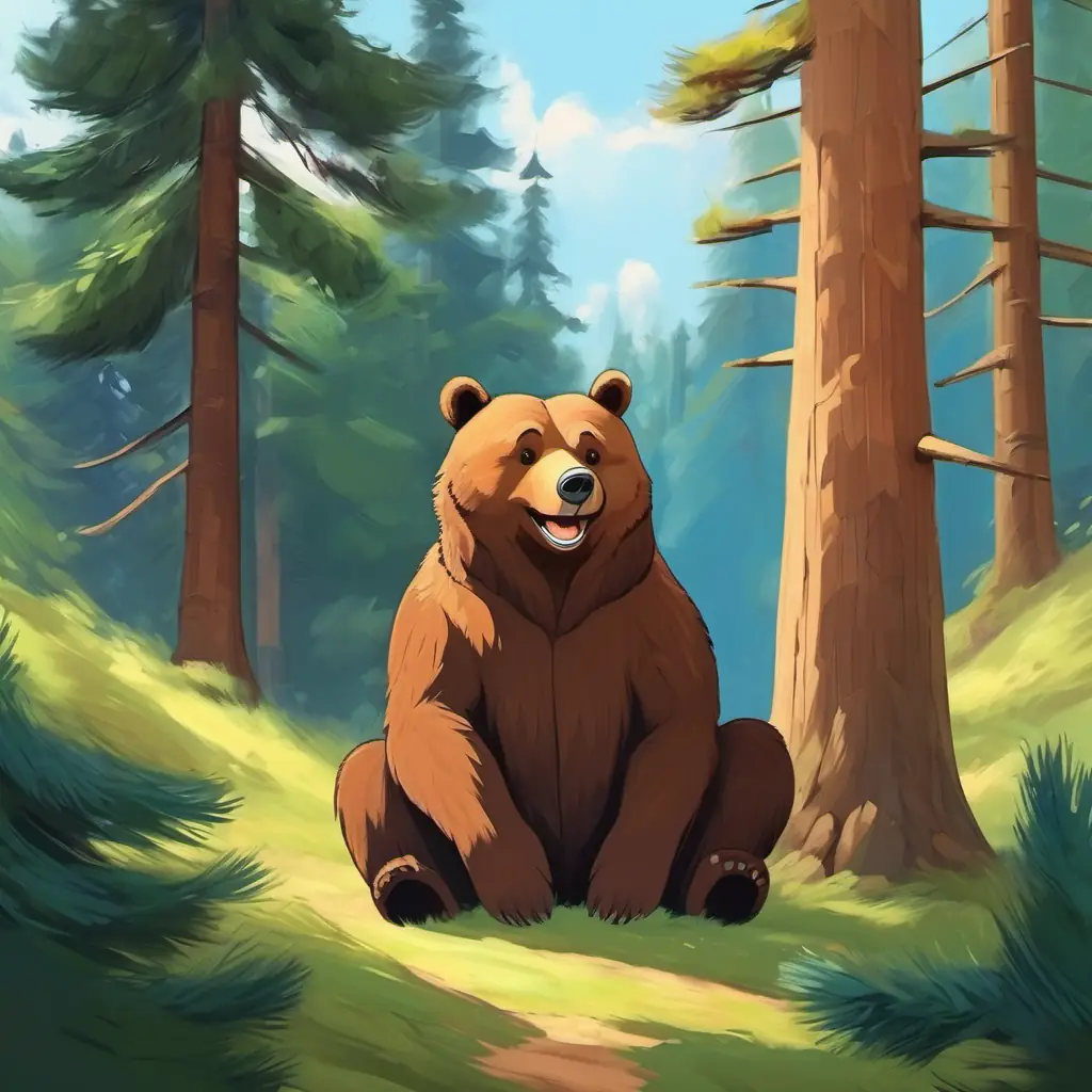 A brown bear with a big smile, sitting under a tall pine tree.