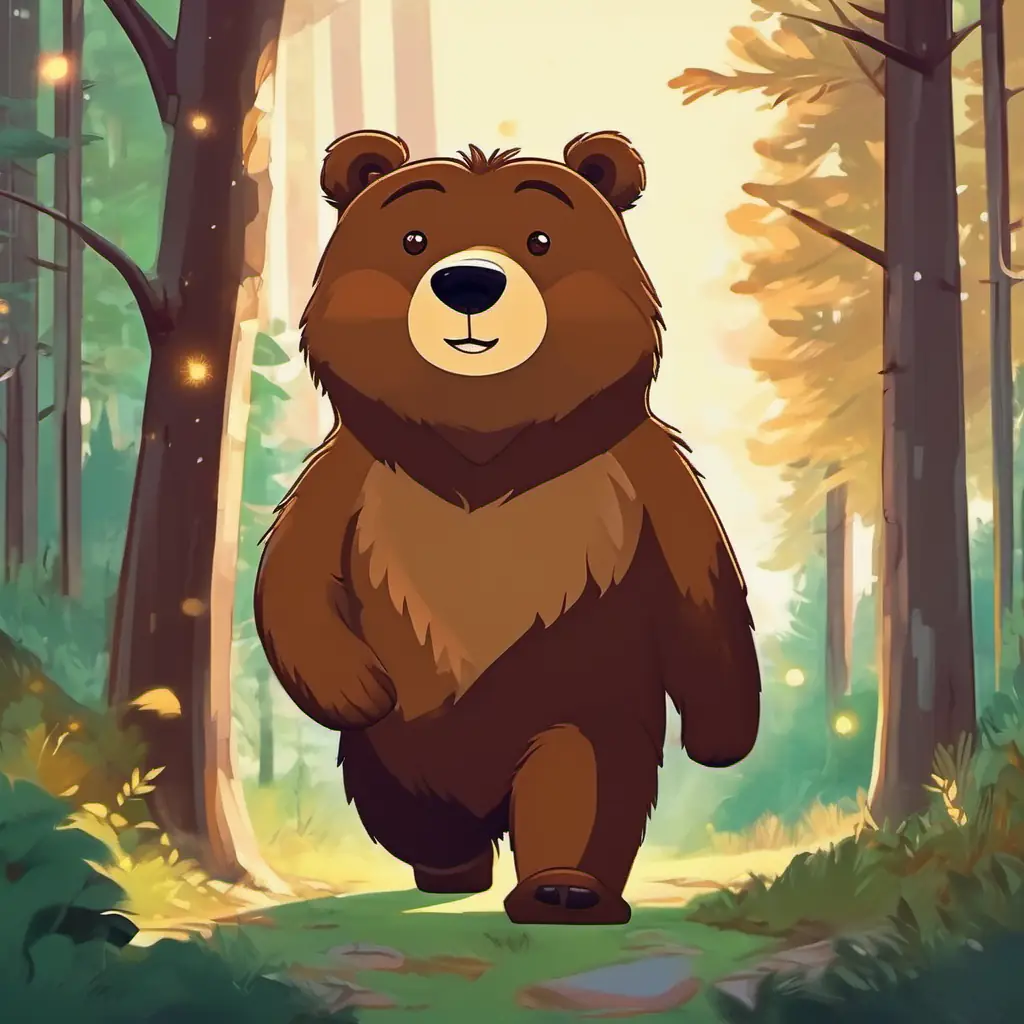 A friendly brown bear with a big smile and twinkling eyes walking through the forest, looking sad.
