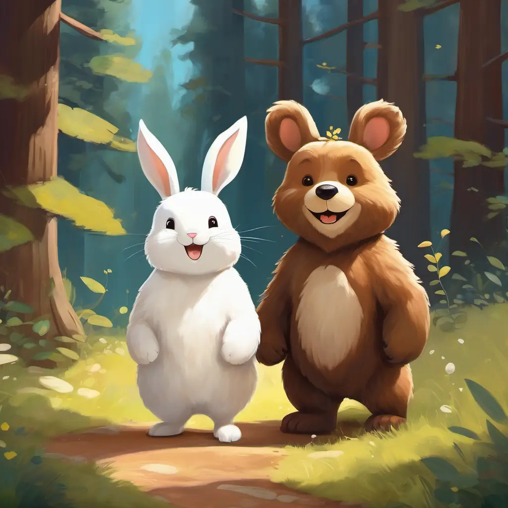 A small white bunny with floppy ears beside A friendly brown bear with a big smile and twinkling eyes, both smiling.
