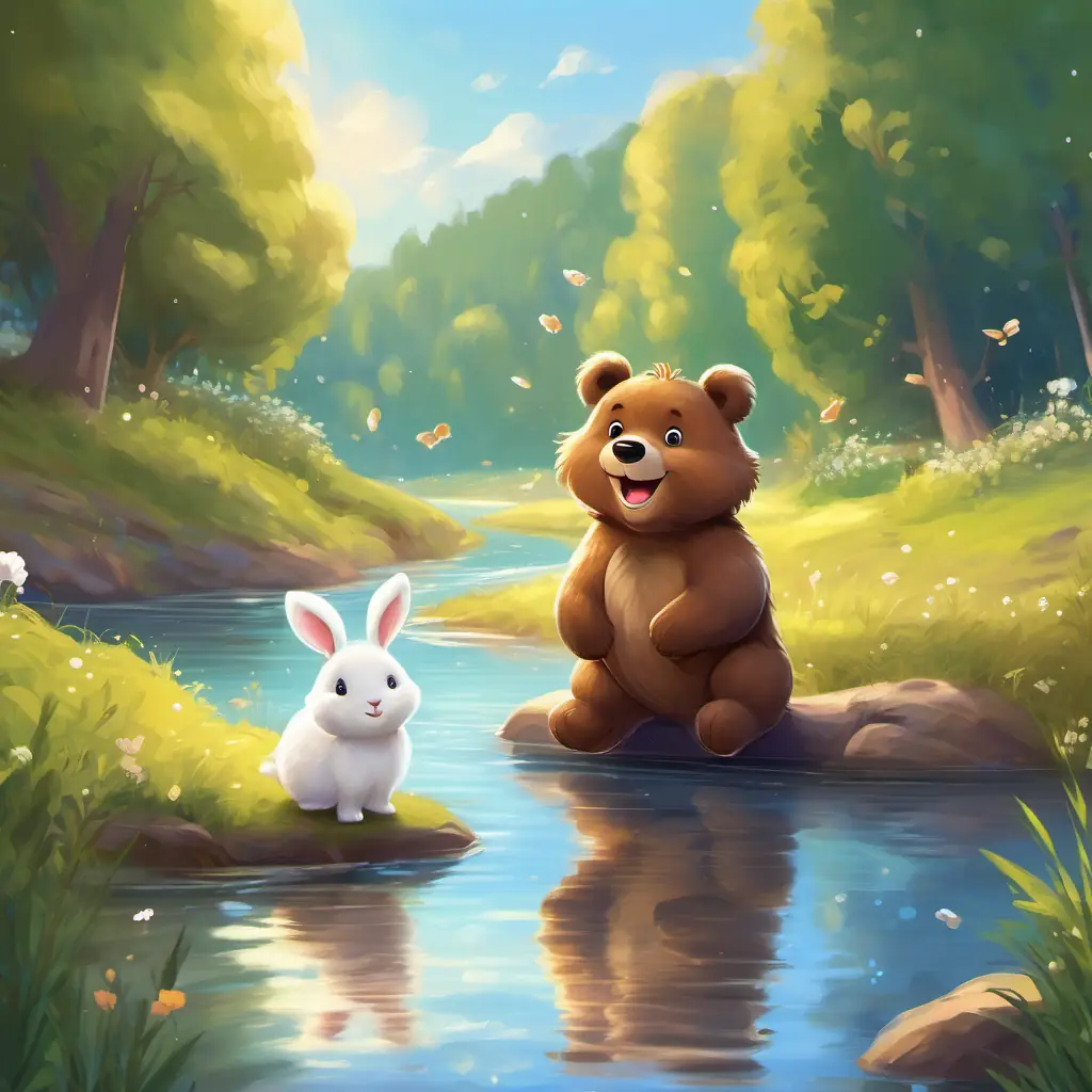 A friendly brown bear with a big smile and twinkling eyes and A small white bunny with floppy ears and a hop in her step playing near a sparkling river, laughing.