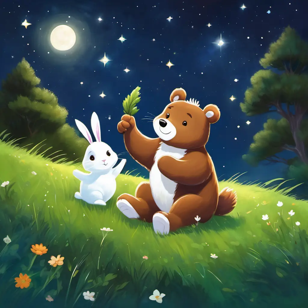 A friendly brown bear with a big smile and twinkling eyes and A small white bunny with floppy ears and a hop in her step sitting on a grassy hill, pointing at the stars.