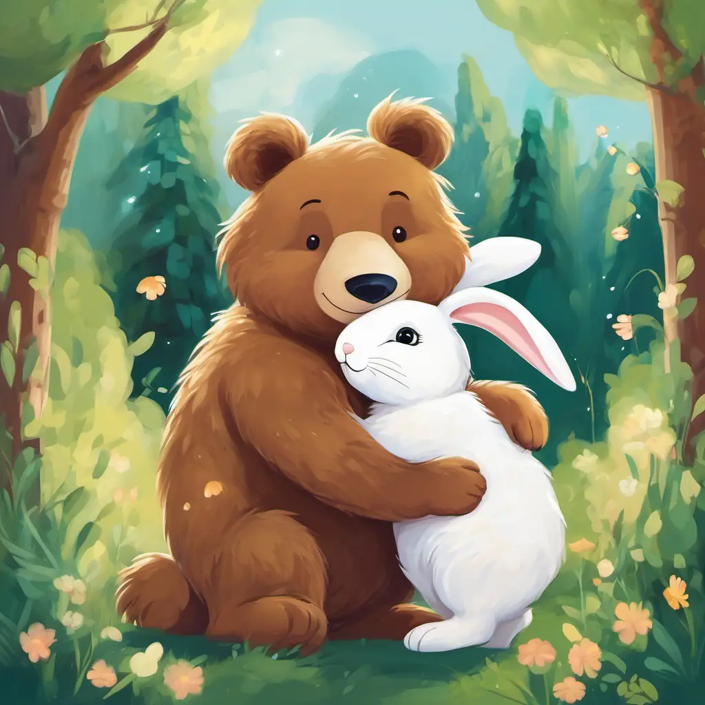 A friendly brown bear with a big smile and twinkling eyes and A small white bunny with floppy ears and a hop in her step hugging each other tightly.