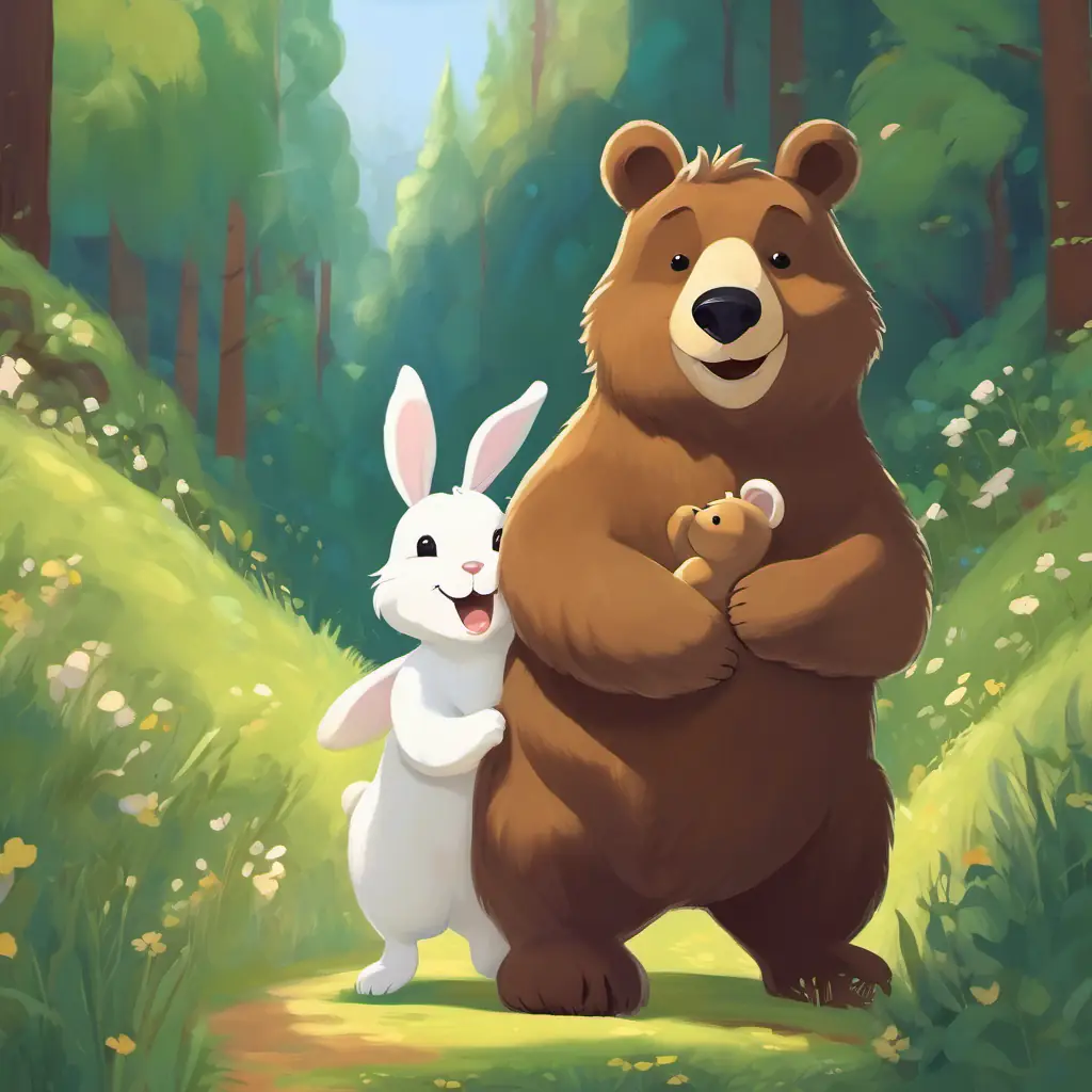 A friendly brown bear with a big smile and twinkling eyes and A small white bunny with floppy ears and a hop in her step holding paws, a bond forever.