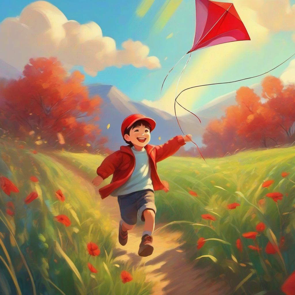 A boy with a big smile, wearing a red cap. flying his colorful kite in the sunny field.