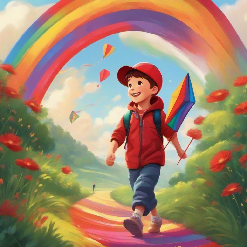 A boy with a big smile, wearing a red cap. walking on a rainbow path with his kite in his hand.