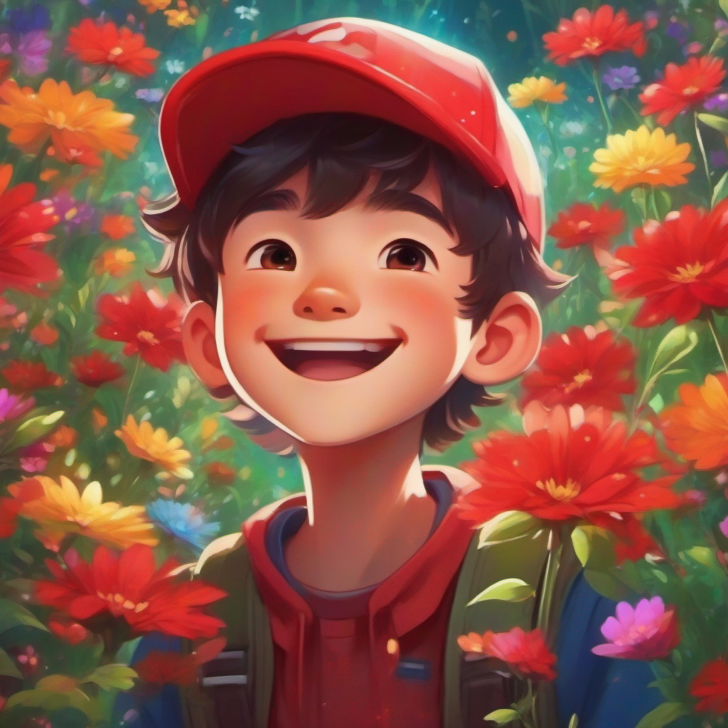 A boy with a big smile, wearing a red cap. surrounded by colorful flowers in the sparkling garden.